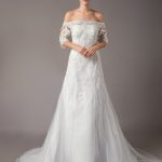 Elegant Ivory Off Shoulder Half Sleeve Lace Sequin Bridal Gown with Train