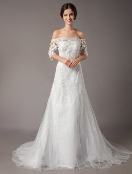 Elegant Ivory Off Shoulder Half Sleeve Lace Sequin Bridal Gown with Train