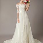 Exquisite Ivory Off The Shoulder Half Sleeve Lace Beaded Tulle Bridal Gown with Train