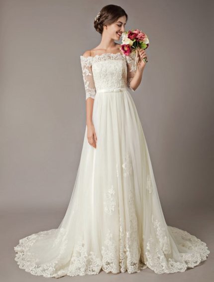 Exquisite Ivory Off The Shoulder Half Sleeve Lace Beaded Tulle Bridal Gown with Train