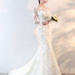 Timeless Long Sleeve Mermaid Bridal Dress with Flowers and Applique