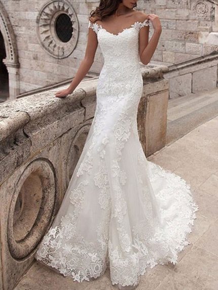 Classic Off The Shoulder Short Sleeve Lace Mermaid Bridal Gown with Train