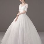 Elegant Princess Ball Gown Ivory Lace Beaded Bridal Dress with Half Sleeves