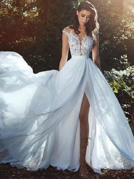 Vintage A-Line Sleeveless Applique Illusion Neckline Bridal Gown with Train