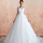 Exquisite 3/4 Sleeve Jewel Neck Lace Applique Beaded Ball Gown Bridal Dress