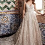 Enchanting V Neck Sleeveless Spaghetti Straps Lace Bridal Dress with Train