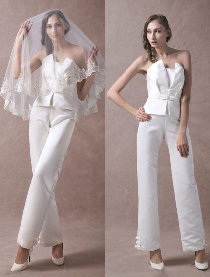 Beautiful Ivory Strapless Peplum Satin Bow Sash Long Bridal Jumpsuit