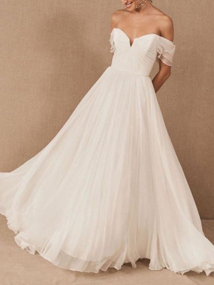Romantic White Bateau A-Line Chiffon Bridal Dress with Natural Waistline