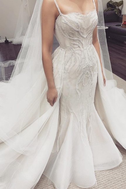 Classic White Mermaid Wedding Dress with Illusion Neckline and Sleeveless Design