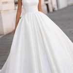 Vintage White Satin Scoop Neck Ball Gown Wedding Dress with Court Train