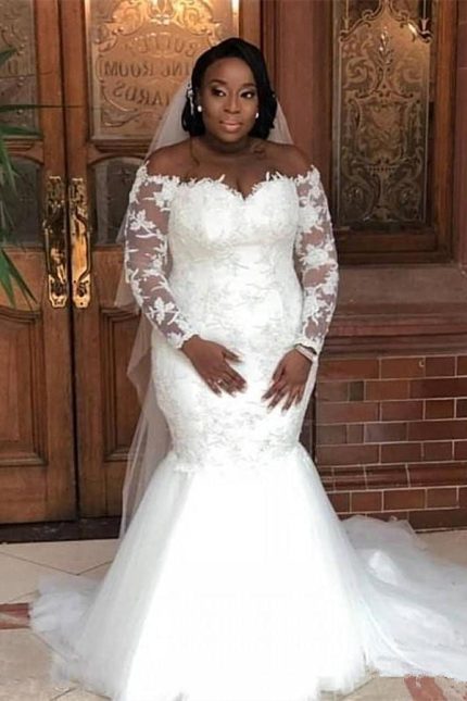 Enchanting White Lace Mermaid Wedding Dress with Off-The-Shoulder Design