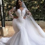 Stunning White Plus Size Mermaid Wedding Dress with Long Sleeves and Belt