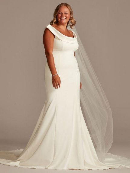 Romantic White Stretch Crepe Off-Shoulder Wedding Dress with Chapel Train