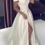 Romantic White Off-The-Shoulder Princess Wedding Dress with High Split