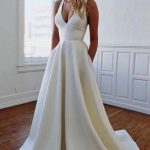 Graceful White V-Neck A-Line Wedding Dress with Simple Bows