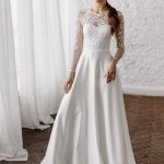 Stunning White A-Line Illusion Neckline Wedding Dress with Pearls and Lace