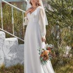 Exquisite White V-Neck Chiffon A-Line Wedding Dress with Long Sleeves