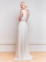 Graceful White V-Neck Backless Buttons Satin Fabric A-Line Bridal Dress - Image 6