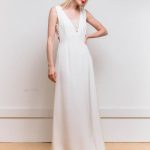 Graceful White V-Neck Backless Buttons Satin Fabric A-Line Bridal Dress