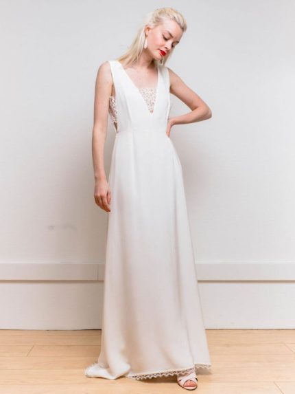 Graceful White V-Neck Backless Buttons Satin Fabric A-Line Bridal Dress