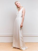 Graceful White V-Neck Backless Buttons Satin Fabric A-Line Bridal Dress - Image 2