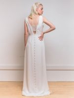 Graceful White V-Neck Backless Buttons Satin Fabric A-Line Bridal Dress - Image 3