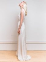 Graceful White V-Neck Backless Buttons Satin Fabric A-Line Bridal Dress - Image 4