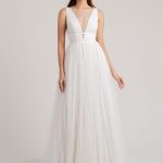 Romantic White V-Neck Sleeveless Pleated Tulle A-Line Bridal Gown