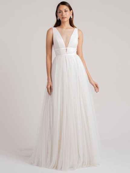 Romantic White V-Neck Sleeveless Pleated Tulle A-Line Bridal Gown