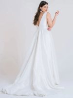 Stunning White V-Neck Sleeveless Satin Fabric A-Line Wedding Dress with Train and Pockets - Image 3