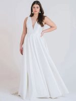 Stunning White V-Neck Sleeveless Satin Fabric A-Line Wedding Dress with Train and Pockets - Image 2