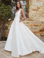 Stunning White V-Neck Sleeveless Satin Fabric A-Line Wedding Dress with Train and Pockets