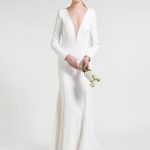 Graceful White Court Train Satin Fabric Mermaid Bridal Gown with V-Neck and 3/4 Length Sleeves