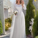 Beautiful White A-Line Tulle Long Bridal Dress with Jewel Neck and Long Sleeves