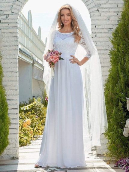 Stunning White Lace Chiffon A-Line Bridal Dress with Half Sleeves and Natural Waist
