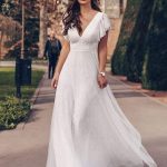Timeless White Lace V-Neck A-Line Bridal Gown with Long Sleeves and Pleated Skirt