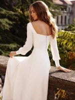 Graceful White Polyester Sheath Floor-Length Bridal Dress with Designed Neckline and Bows - Image 5