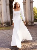 Graceful White Polyester Sheath Floor-Length Bridal Dress with Designed Neckline and Bows - Image 2