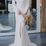 Enchanting White Satin Fabric V-Neck A-Line Tulle Bridal Dress with Long Sleeves