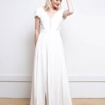 Classic White Backless Split Front A-Line Long Bridal Dress with Satin Fabric and V-Neck