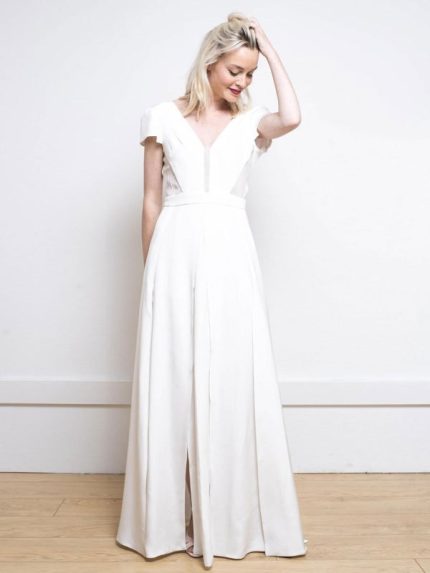 Classic White Backless Split Front A-Line Long Bridal Dress with Satin Fabric and V-Neck