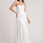 Romantic White Matte Satin Sheath Bridal Dress with Strapless Sleeveless Design and Chapel Train