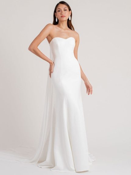 Romantic White Matte Satin Sheath Bridal Dress with Strapless Sleeveless Design and Chapel Train