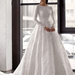 Classic White Satin Fabric A-Line Bridal Gown with Jewel Neck Long Sleeves and Backless Style