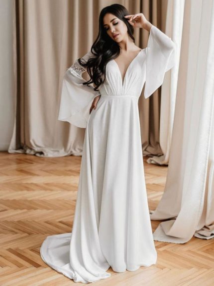 Elegant White Satin Fabric A-Line Bridal Gown with V-Neck Long Sleeves Backless Style and Chains