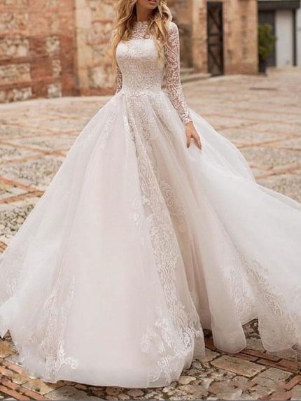 Romantic White Beaded Tulle A-Line Wedding Dress with Lace Details