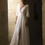 Timeless White Spaghetti Straps Matte Satin V-Neck Lace Bridal Gown with Chapel Train