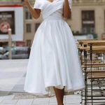 Off-Shoulder Satin A-Line Tea Length Bridal Gown for a Stylish Bridal Shower Look